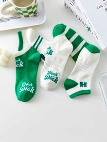 5 pares de calcetines de tobillo para mujer con diseño de rayas verdes y blancas y números verdes de la suerte - Multicolor - Ver 5