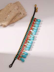 1 chiếc lắc chân dệt hạt ngọc lam phong cách Boho có mặt dây chuyền nhiều màu sắc, phù hợp cho trang phục hàng ngày và lễ hội của phụ nữ, đặc biệt phù hợp cho mùa hè (Sắp xếp đá hình giọt nước thủ công ngẫu nhiên) - Giọt nước màu - Xem 11