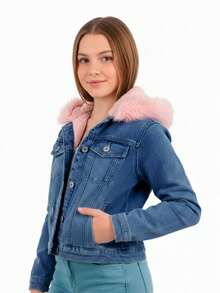 Chamarra de Mezclilla para niñas Peluche Desmontable - Azul Marino - Ver 3