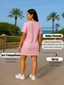 Vestido Camisetão Alongada Feminino Malha Longline T-shirt  Casual    Praia  Férias - Rosa Bebê - Visão 5