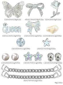 16 chiếc khóa trang trí hình bướm màu bạc trắng đính đá, chất liệu hợp kim + đá + ngọc trai, hoa trang trí giày kiểu hoàng gia sang trọng, phù hợp với guốc. - Bộ dây chuyền hình bướm đính đá màu bạc trắng. - Xem 11