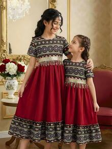 Vestido com Acabamento de Borla para Meninas, Gola Redonda Clássica, Confortável e Amigável à Pele, Uso Casual Diário e de Férias, Elegante e Enérgico - Multicolorido - Visão 5