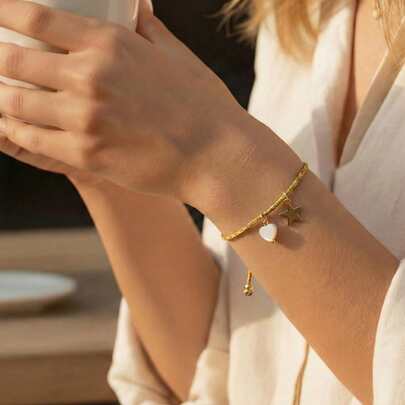 1PC Fashion Casual Personalized Heart Shaped Pendant Bracelet, Five Pointed Star Pendant Bracelet, Adjustable Woven Bracelet, Lucky Bracelet, Couple Bracelet, Sisters Bracelet, Ramadan Gift, Anniversary Gift