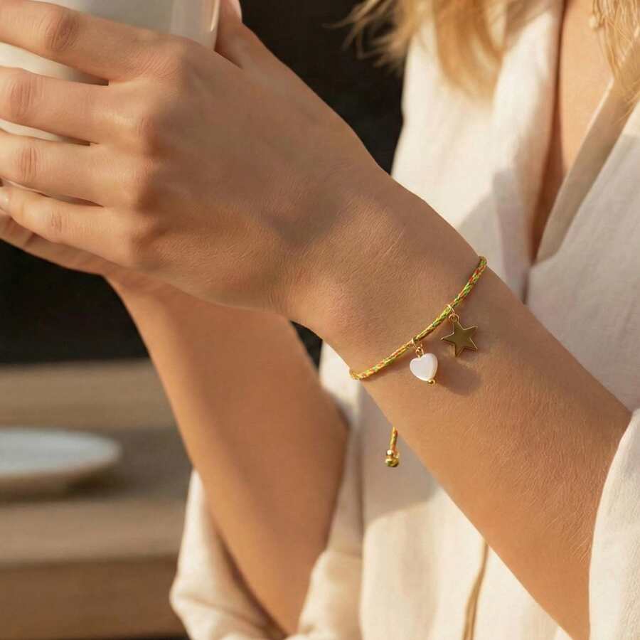 1件装时尚休闲个性化心形吊坠手链，五角星吊坠手链，可调节编织手链，幸运手链，情侣手链，姐妹手链，斋月礼物，周年纪念礼物 - 彩色 - 查看 1