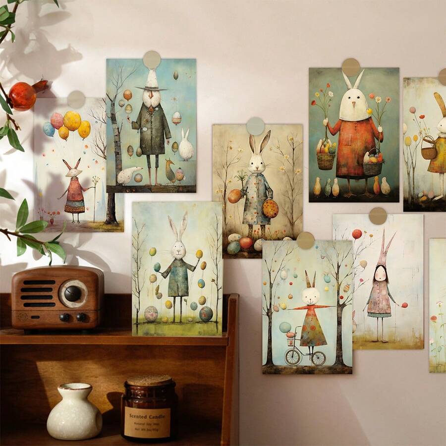 20张复古卡通兔子明信片套装，复活节兔子墙贴装饰套装，适用于家居和房间装饰，小海报，卧室美学装饰卡，剪贴簿和手工制作装饰卡 - A - 查看 1