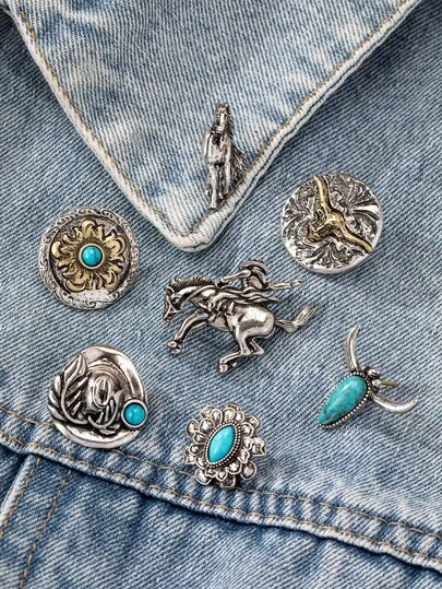 1 pieza Broche de estilo vaquero occidental con piedra de turquesa azul para decoración de sombrero de vaquero/vaquera