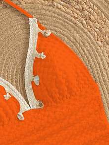 女士纯白夏季沙滩度假休闲吊带串珠特殊面料贝壳海星流苏装饰荷叶边连体泳衣（流苏装饰位置随机） - 珊瑚橙 - 查看 4