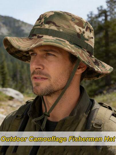 1pc Four Season Outdoor Fishing, Hiking, Camouflage Fisherman's Hat, Summer Sun Shading And Breathable Tactics Beni Hat, Men's And Women's Universal Breathable Mesh Windproof Rope Sun Shading Hat, Men's Outdoor Cycling Round Edge Hat, Fisherman's Fishing Hat Sun Shading Hat