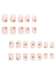 24片装美甲贴片，可爱蜜蜂与碎花图案，清新春夏田园风，适合女性日常佩戴，也适合节日和派对场合。 - 黃色 - 查看 3