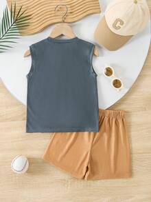 2pcs/Set Boys Casual Outdoor Outfit Classic Retro College Style "BROOKLYN" Letter Graphic Round Neck Tank Top Paired With White Striped Brown Elastic Waist Shorts, Suitable For Baseball Sports School Uniform, Spring/Summer - Multicolor - View 6