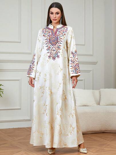 优雅女士斋月时尚刺绣串珠长袖V领长袍，舒适透气，适合开斋节庆祝活动、日常穿着和居家穿着