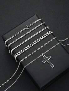 6pcs Fashionable Minimalist Business Men's Rhinestone Cross Bracelet & Stainless Steel Necklace Jewelry Set, Gift For Boyfriend, Daily Commute, Versatile - Silver - View 6