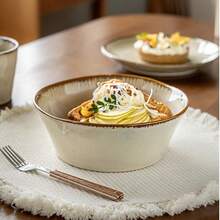 1个不对称沙拉碗，陶瓷开口蔬菜碗，个性化餐厅复古拉面碗，7英寸 - 卡其 - 查看 8