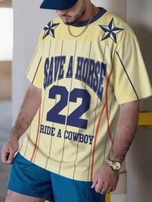 男士圆领T恤，运动学院风数字印花球衣 - 黃色 - 查看 1