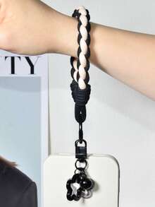 混色编织手机壳挂绳套装（黑色和卡其色尼龙编织），可拆卸腕带，镂空星星吊坠，手机挂件和钥匙扣，优雅创意包包配饰，春季礼物，生日派对礼物 - 黑卡其短繩+星星掛件 - 查看 5