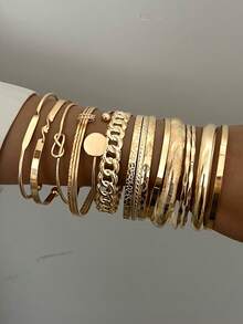 15pcs Fashionable, Minimalist, Elegant, Delicate, Retro Design Sense Geometric Strap, Asymmetrical Embossed Texture, Interlocking Chain, Twisted Braid, Round Bead, Multi-Layer Round Disc, Smooth, Minimalist, Exaggerated Wide Metal Bangle Bracelet Set, Suitable For Holiday, Party, Date, Gift, Daily Wear - Yellow Gold - View 3