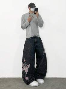 1pc American Street Fashion Butterfly Embroidered Loose Wide-Leg Jeans, Comfortable Casual Jeans For Men, All Season - Black - View 3