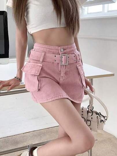 高腰水洗纯色工装修身迷你裙配腰带（女款）休闲粉色夏季