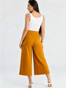 Women's Linen Capri Midi Pantacourt Trousers With Buttons, Wide Leg, Flare, High Waist, Casual Style - 駝色 - 查看 2