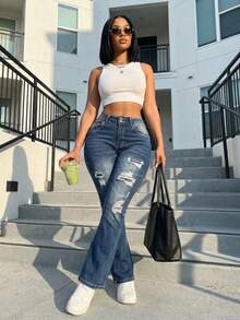 Women's High Waisted Distressed Straight Leg Jeans - Ripped Blue Denim Pants With Patch Detail Aesthetic Streetwear - 深色水洗藍 - 查看 4