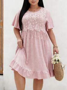 女士优雅波西米亚风蕾丝拼接连衣裙，春秋季 - 粉色 - 查看 3