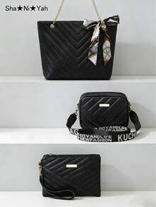 3pcs Women Bag Set - Tote Bag, Shoulder Bag, Clutch Wallet - Black - View 3