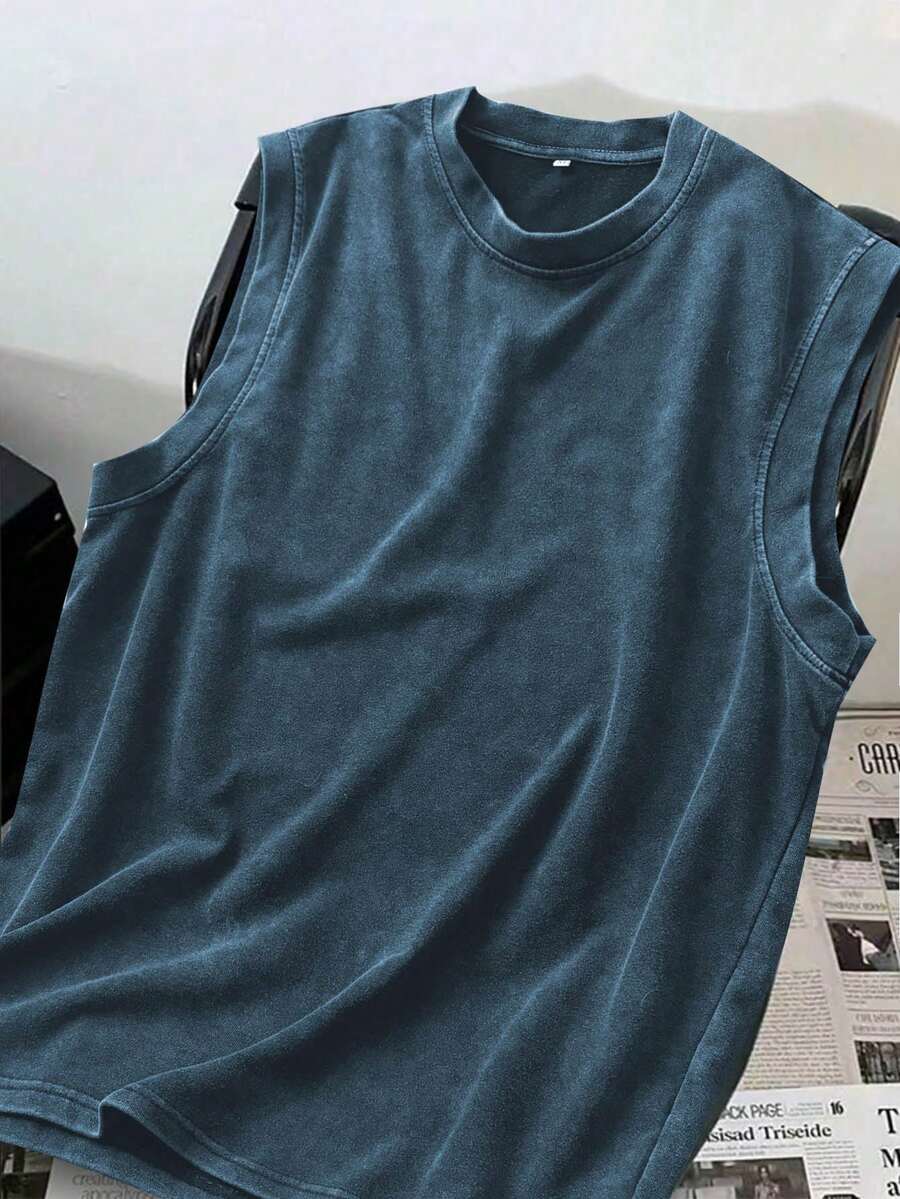 Men's Dark Color Casual Vintage Washed Round Neck Tank Top - Blue - View 1
