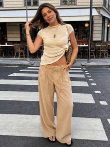 女士夏季沙滩度假针织短袖薄纱罩衫，轻薄休闲短袖上衣 - 杏色 - 查看 4