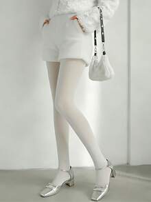 1 Pair Women's White Elastic Skinny Leggings, Fleece Lined, Suitable For Spring And Autumn - White - View 4