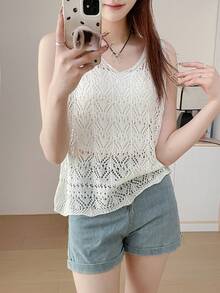Loose Fit V-Neck Sleeveless Crochet Lace Knit Vest, Layering Cover Up - White - View 1