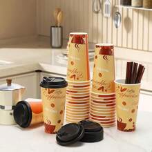 100 PACK 12OZ Disposable Cups With Lids And Stirrers, To Go Coffee Cups With Lids Leak Proof, Coffee Design Brown Paper Cups For Cold/Hot Beverage Chocolate Cocoass - 棕色 - 查看 6