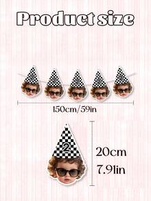 7/14/21pc Custom Photo & Text Race Car Themed Birthday Banner,Checkered Party Hat Design Banner,Personalized Baby Face Photo Banner, Party Backdrop,Black & White Checkered Race Car Theme Birthday Banner - Multicolor - View 6