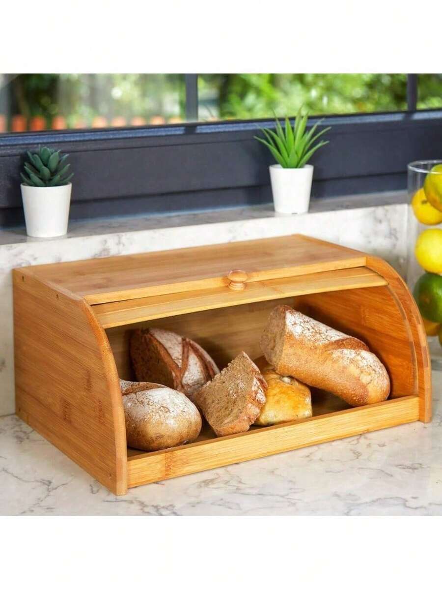 Bamboo Bread Box With Retractable Lid 38X26X17CM Perfect For Storing Bread And Biscuits, Durable - 黃色 - 查看 1