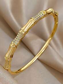 60mm Diameter Fashionable Classic Shiny Decorated Bamboo Knot Design Plated Gold Lightweight Luxury Open Bangle Bracelet For Teenagers - Multicolor - View 5