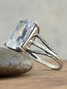 1 Stück Boho-Stil Vintage Silber & Weißer Kubikzirkonia Ring, geeignet für Hochzeit, Verlobung, Versprechen, Alltag - Antiksilber - Übersicht 2