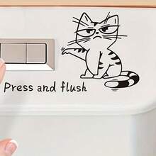 1pc Cartoon Cute Funny Cat, Dog, Toilet Sticker, Creative Toilet Lid Sticker, "Press And Flush" English Sticker, Bathroom Self-Adhesive PVC Wall Sticker, Suitable For Bathroom - Multicolor - View 9