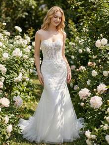 YOUKEFEIER New Strapless Mermaid Wedding Dress With Sheer Mesh, Waist Cinching Design And Train, Suitable For Bridal Ceremony/Reception - Beige - View 1