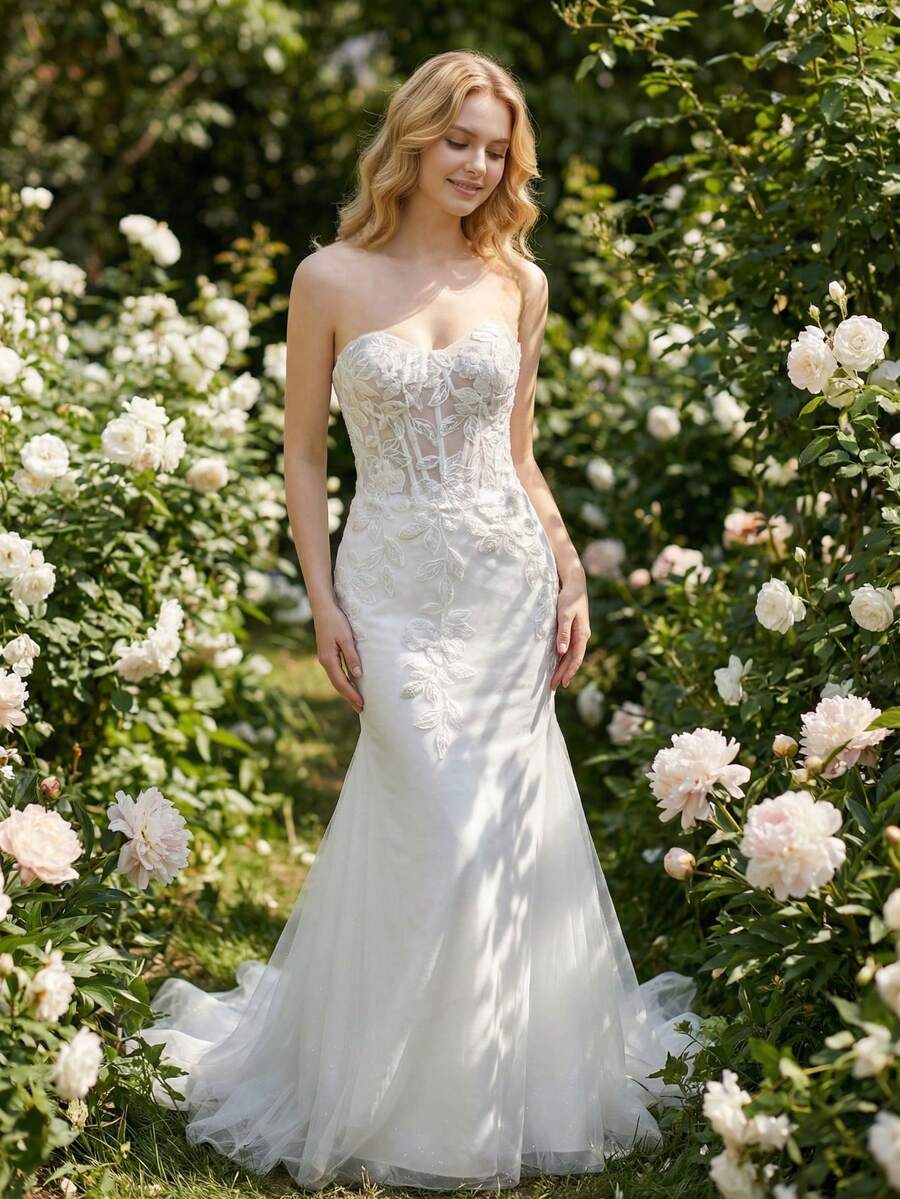 YOUKEFEIER New Strapless Mermaid Wedding Dress With Sheer Mesh, Waist Cinching Design And Train, Suitable For Bridal Ceremony/Reception - Beige - View 1