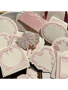 30 Sheets Of Retro Embossed Relief Printing Thickened Cowhide Specialty Paper Memo Pad With Floral Bow Detail Frame, Ins Style, Writable Note Card For Journal Decoration, Craft Paper Back To School - 粉紅色 - 查看 12
