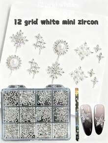 1200颗扁平白色水晶美甲水钻套装 - 12种款式，DIY美甲及配件或日常用品，包含1支点钻笔，超闪亮美甲宝石套装，1-5毫米多种尺寸水钻，适用于美甲沙龙、居家DIY、美甲用品、圣诞节、新年、情人节美甲、节日礼物 - 無色 - 查看 2