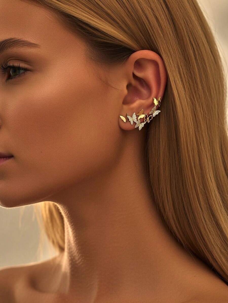 Nooxian 1 par de pendientes de clip con elemento de mariposa de moda - Amarillo Oro - Ver 1