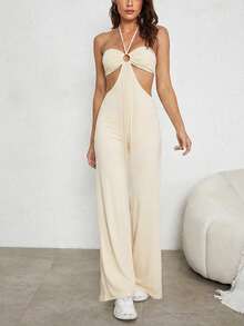 DOUCIU奶油色镂空露背性感吊带连体裤宽松度假装 - 杏色 - 查看 5