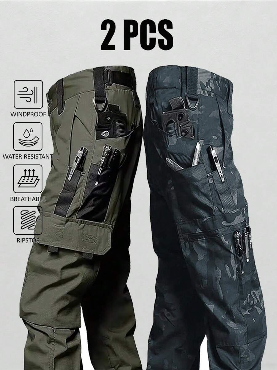 2Pcs Men's Solid & Camo Print Pockets Zipper Waterproof Tactical Cargo Pants Without Belt, Regular Fit Sporty Pockets Durability Trousers For Fall, Wear-Resistant Outdoor Training Pant For Men - MICAI+Green - 查看 1