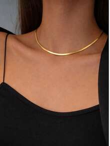 FOREVER QUEEN 925纯银实心柔软扁平人字纹链项链，男女皆宜，扁平蛇形链项链，细粗链项链，礼品 - 金色 - 查看 2