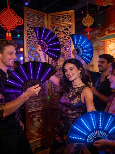 1pc Purple/Blue/Red Chinese Style Folding Fan, Built-In Battery LED Handheld Large Tri-Color Illuminated Fan, Suitable For Performances, Birthday Parties, Nightclub Events, LED Illuminated Colorful Chinese Style Handheld Folding Fan, Stage Performance Lighting Fan, Birthday Party Dance Gift, Wedding Nightclub Glow Prop, Multi-Color Options