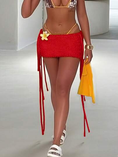 Solid Color Fringed Knit Skirt, Suitable For Beach & Vacation