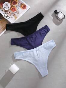3条/套 纯色舒适棉质性感低腰女士丁字裤，适合情人节、春夏穿着 - 彩色 - 查看 7