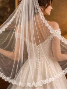 Elegant Lace Edge Wedding Veil Soft Lace Edge Single Tier Long Bridal Veil With Comb Wedding Accessories - Milky - View 5