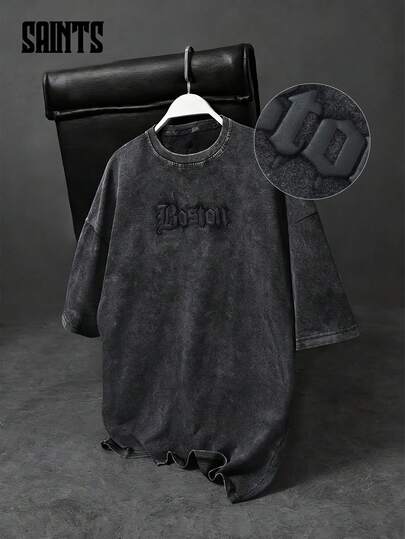 复古水洗美式街头风短袖T恤，宽松版型，字母压纹