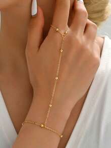 1pc Minimalist Chic Beaded Chain Finger Ring Bracelet, Versatile For Daily Wear (Handmade, Random Quantity, Avoid Water) - Gold - View 3